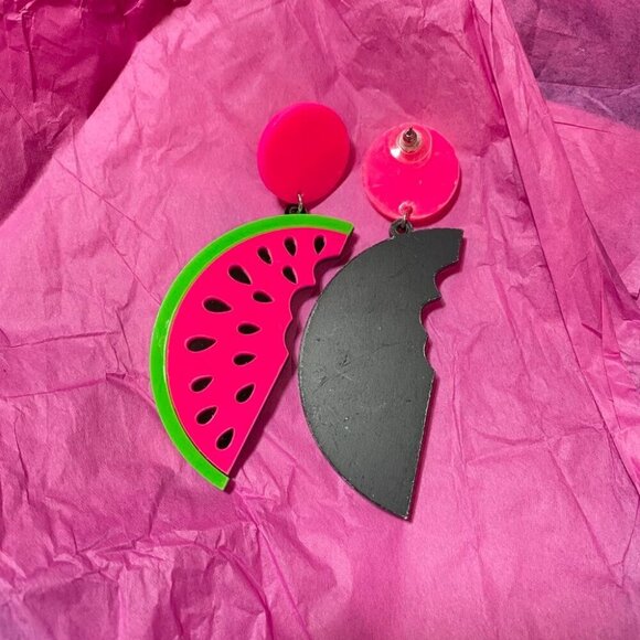 90s Neon Pink and Green Watermelon Slice Statement Earrings - Picture 7 of 13